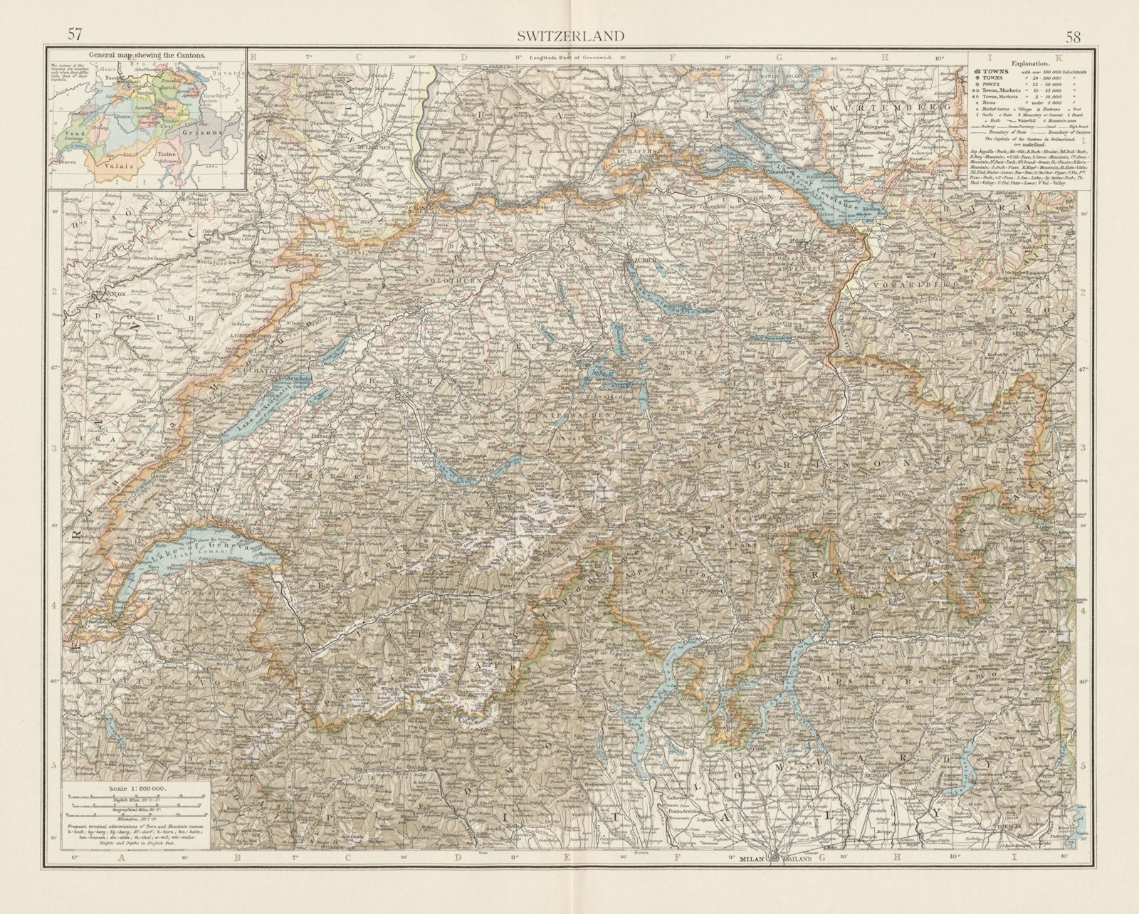 Switzerland & the Western (French, Swiss, Italian) Alps. THE TIMES 1900 map